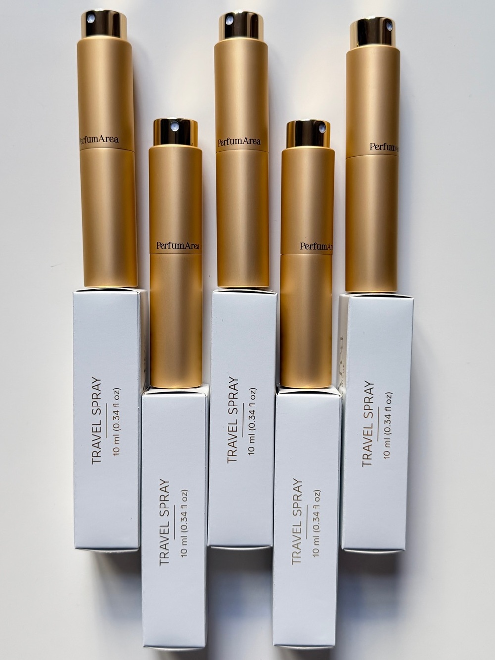 Set of 5 Empty Gold Refillable Perfume Atomizers 10ml/0.34oz Glass+Metal, in box